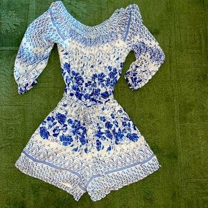 Anthropologie off the shoulder blue and white romper